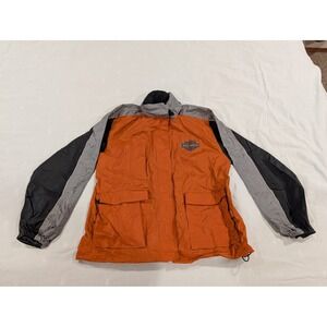 Harley-Davidson Mens Rain Jacket Orange Grey Black Nylon Cargo Pockets Large